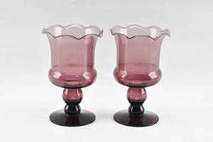 lot 406 image: Pair of Purple Glass Vessels with Ruffle Rims