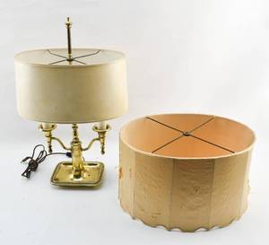 lot 410 image: Traditional Brass Double Arm Desk Lamp and Fabric Lampshade