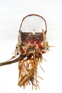 lot 15 image: Native American Feather & Leather Fringe Woven Hanging Basket