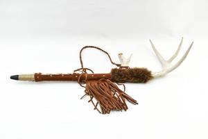 lot 16 image: Native American Leather Wrapped and Beaded Antler