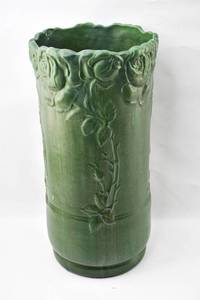 lot 250 image: Weller Style Pottery Matte Green Rose Umbrella Stand