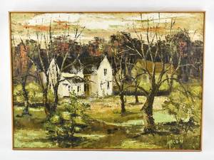 lot 26 image: Original Oil Painting of House in Woods Signed Lierde