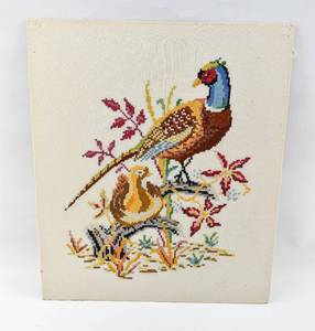 lot 332 image: Cross Stitch Pheasant Embroidery Fabric Stretched on Board