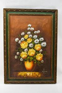 lot 333 image: Yellow and White Flowers Still Life Oil Painting on Canvas Signed J. Kinet