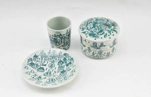 lot 437 image: Set of 3 Hoyrup Nymolle Denmark Porcelain Cup, Plate, and Covered Dish