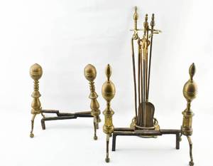 lot 427 image: 2 Pairs of Andirons and 4 Piece Fireplace Tool Set