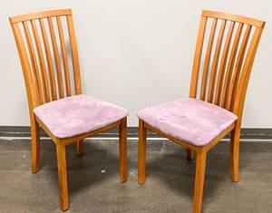 lot 379 image: Pair of Danish Skovby Kirsebaer Wood Chairs with Lavender Velvet Upholstery