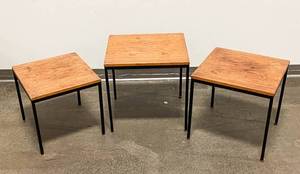 lot 382 image: 3 E. Pedersen & Sons Danish Nesting Tables with Metal Legs and Wood Top