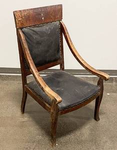 lot 388 image: Antique Wood and Black Leather Arm Chair