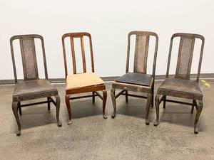 lot 390 image: 4 Antique Karpen Furniture Wood Chairs with Caned Details, One Without