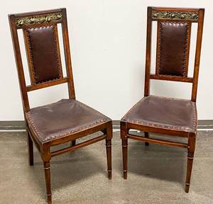 lot 317 image: Pair of Antique Wood & Leather Side Chairs with Gilt Decoration
