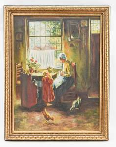 lot 68 image: Vintage Oil Painting of Woman Sewing with Child, Signed