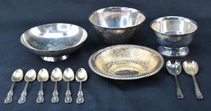 lot 85 image: Assorted Antique Silver on Copper and EPNS Bowls and Monogrammed Spoons, Wilcox, Academy, F.B. Rogers, Etc.