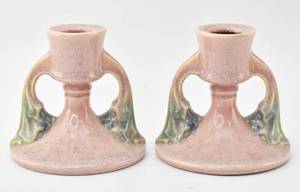 lot 241 image: Pair of Roseville Pottery Tuscan Rose Pink Candle Holders