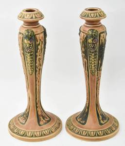 lot 238 image: Pair of Roseville Pottery Florentine Brown Candle Sticks