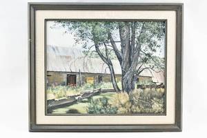 lot 88 image: Ann Mann Oil on Canvas of Barn & Tree