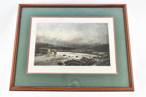 lot 92 image: Douglas Adams Trout Fishing Intaglio with Watercolor