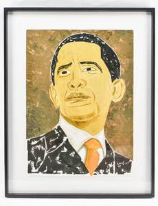 lot 60 image: Obama Painting on paper Signed Amos, Wrongfully Accused Stillwater Inmate