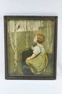 lot 327 image: John Drescher Co. Print on Board of a Young Girl an Bird