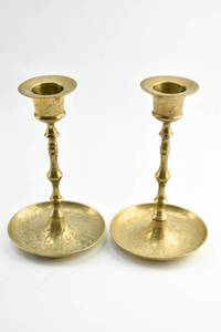 lot 343 image: Pair of Etched Candlestick Holders from India with Brass Finish