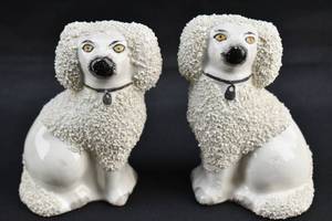 lot 266 image: Pair of Small White Staffordshire Dog Figurines with Confetti Fur
