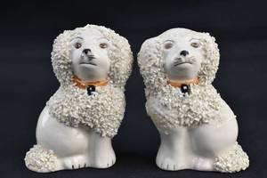 lot 267 image: Pair of Miniature White Staffordshire Dog Figurines with Confetti Fur