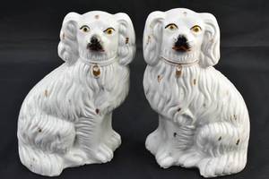 lot 270 image: Pair of Large White Staffordshire Dogs with Gilt and Blush Detailing