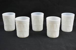 lot 198 image: Set of 5 Lace and Dewdrop White Milk Glasses by Kemple Glass