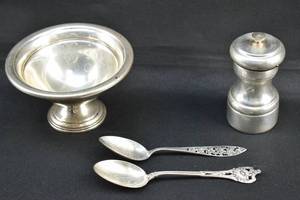 lot 170 image: 2 Sterling Spoons, Weighted Sterling Dish, and Sterling Plated Pepper Grinder