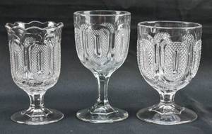 lot 203 image: 3 Mismatched Lattice Panel Cut Glass Goblets