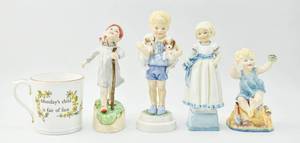 lot 157 image: 4 Vintage Royal Worcester Mondays Child Themed Figurines and Mug