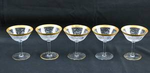 lot 76 image: Set of 5 Gold Encrusted Etched Champagne Coupe Glasses