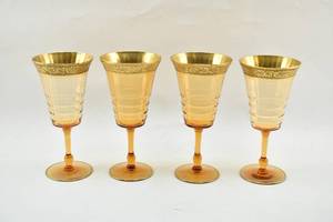 lot 69 image: Set of 4 Antique Amber Wine Glasses with Gilt Rims