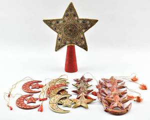 lot 174 image: 14 Hand Painted Lacquered Wooden Indian Moon & Star Ornaments and Large Beaded Star Tree Topper