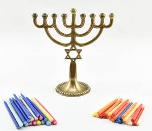 lot 176 image: Brass Menorah and 46 Assorted Multicolor Chanukah Candles
