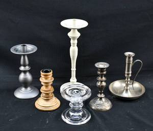 lot 299 image: 6 Misc. Metal, Glass, & Wood Candlesticks