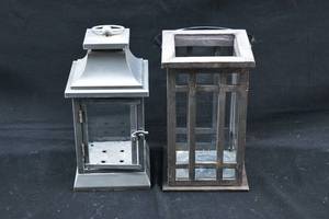 lot 300 image: 2 Grey Painted Wooden Lantern Style Candle Holders