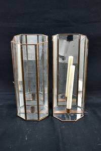 lot 301 image: 2 Octagonal Copper Toned Metal & Glass Candle Holders with 1 Flameless Taper Candle