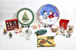 lot 192 image: 25-Pc Holiday Hosting Items with Plates, Spreading Knives, Cookie Cutters, Music Box and More