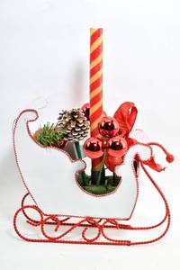 lot 140 image: Holiday Sled Centerpiece with Floral Arrangement and Candlestick
