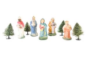 lot 148 image: Vintage Three Wise Men, Mary, Joseph Nativity Figures from Italy and Four Miniature Pines