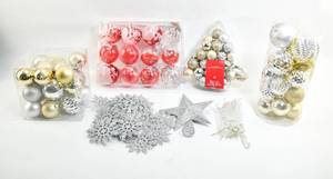 lot 304 image: Box of Silver, Red, and Gold Christmas Tree Ornaments and Tree Topper