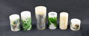 lot 225 image: Group of 6 White Flameless Pillar Candles with Leaf Decoration