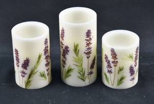 lot 232 image: Group of 3 White Flameless Pillar Candles with Painted Lavender Decoration