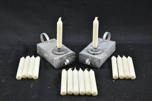 lot 236 image: Pair of Silver Colored Metal Candlesticks with 16 Ivory Pillar Candles
