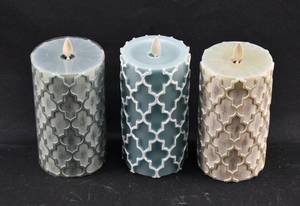 lot 237 image: 3 Luminara Moving Flame Flameless Candles with Embossed Decoration