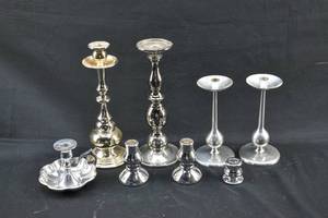 lot 241 image: Group of 8 Silver Colored Metal Candle Holders