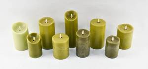 lot 253 image: 9 Muted Green Moving Flame Flameless Pillar Candles