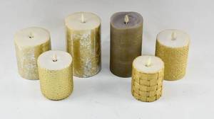 lot 260 image: 6 Moving Flame Flameless Pillar Candles with Gold Decoration