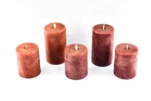 lot 269 image: 5 Textured Dark Red Moving Flame Flameless Pillar Candles